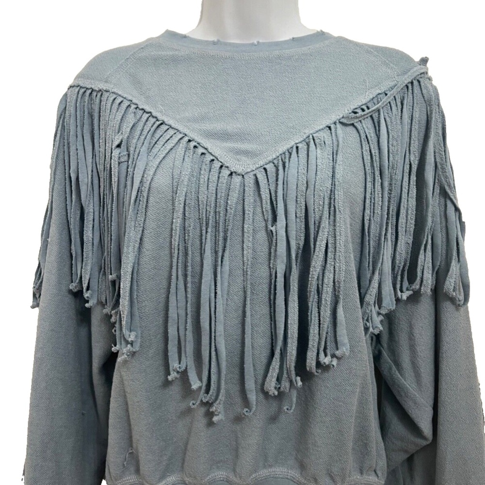 EUC Blue FATE BOHO Western Fringe Long Sleeve Sweater Sweatshirt Small S